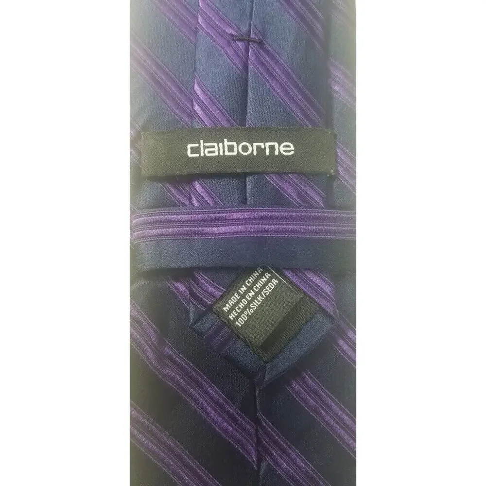 CLAIBORNE Men's Tie Black Purple Striped Necktie 100% Silk 57